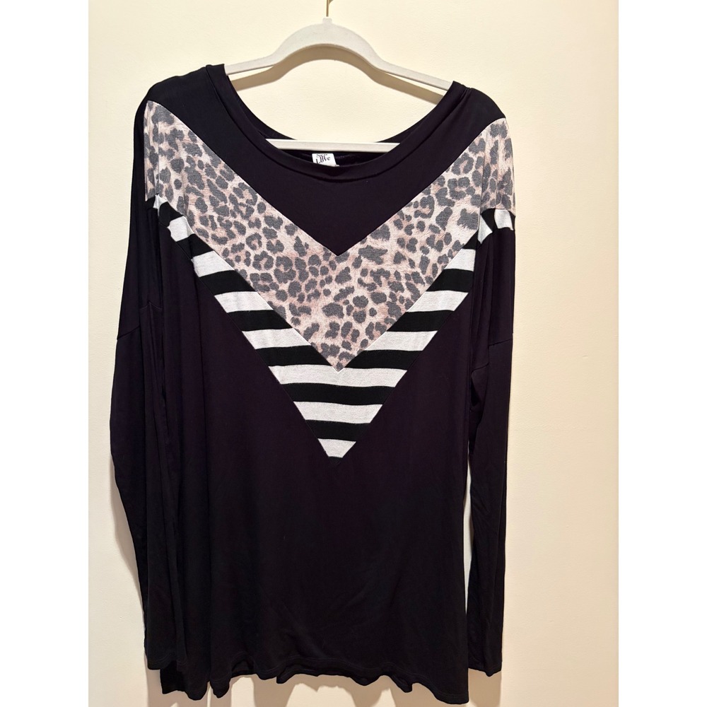 Sew In Love Womens 2X Leopard Stripe Chevron Long Sleeve Top Black